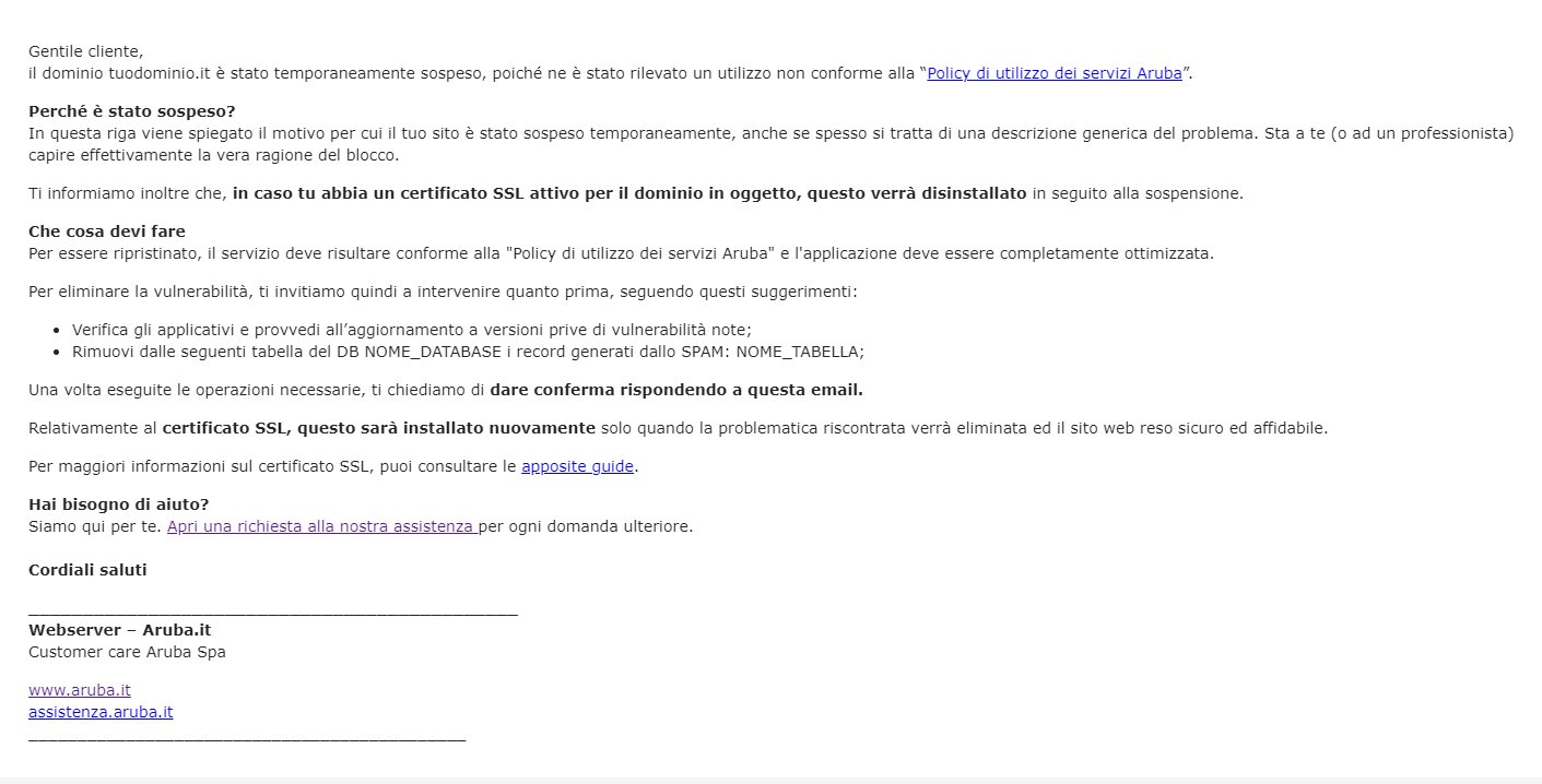 Email ricevuta da aruba "Notifica di blocco per il dominio"